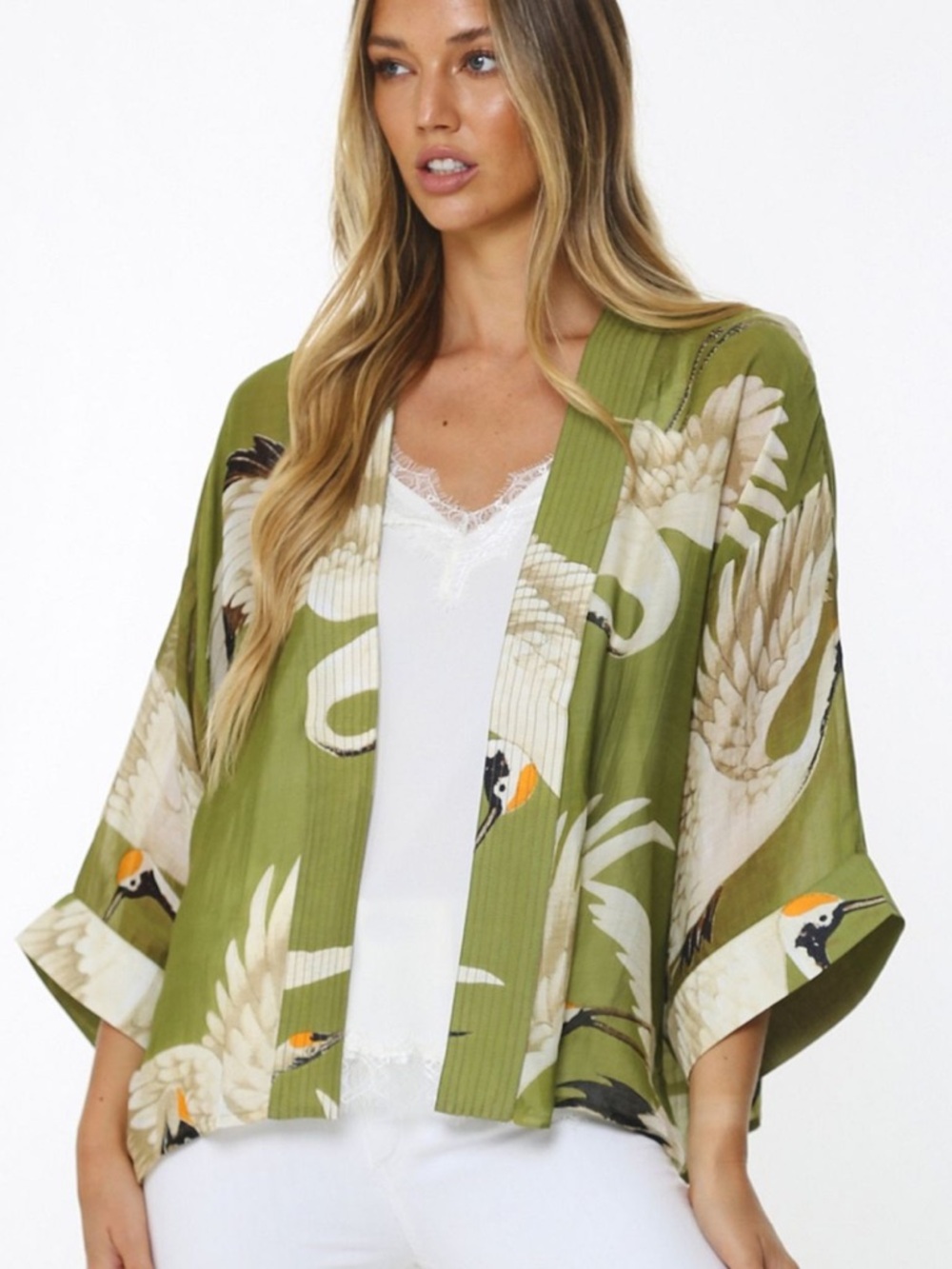One Hundred Stars Stork Print Lightweight Kimono Top